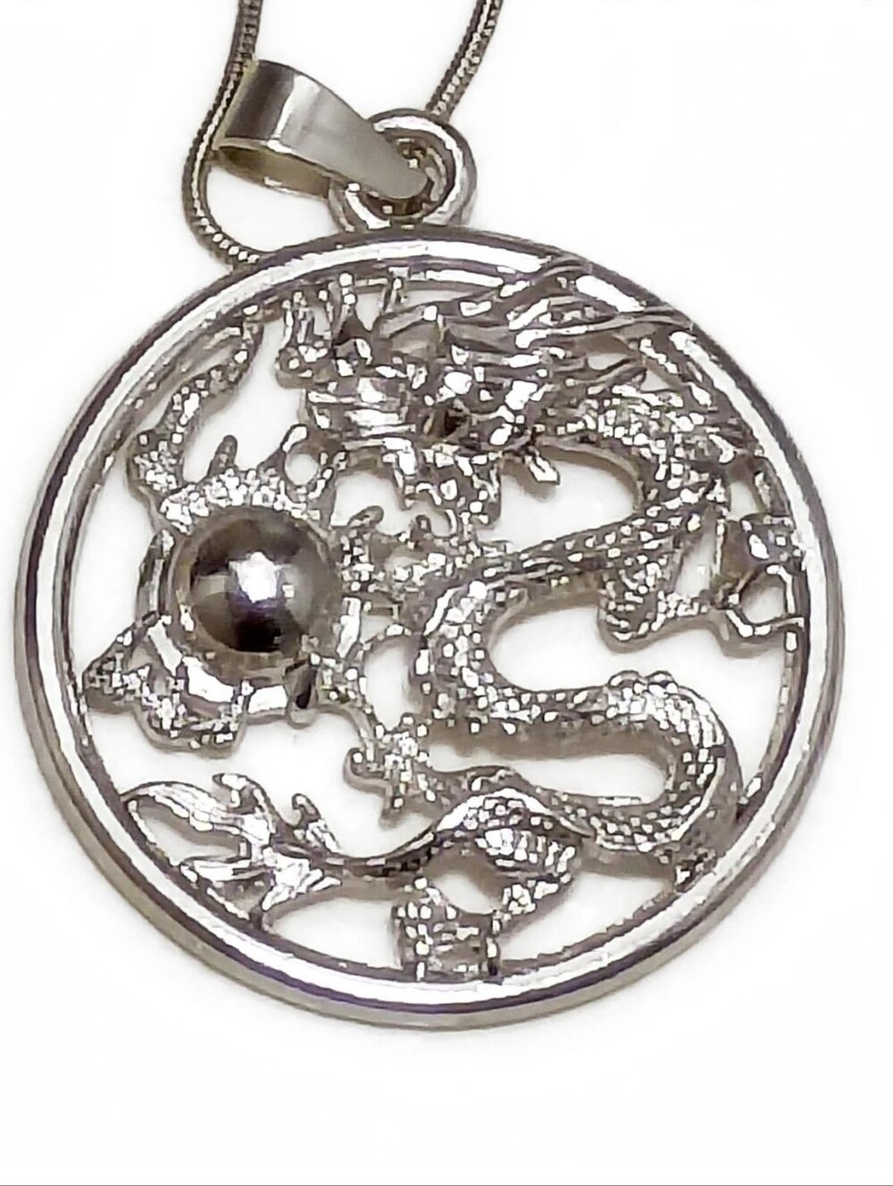 Silver Dragon Pendant Necklace 34mm Chinese Dragon Orb 20" Chain